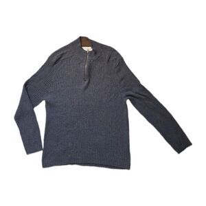 Blue Ink Gray Ribbed Cotton Quarter Zip Pullover Sweater Stretch Lightweight L